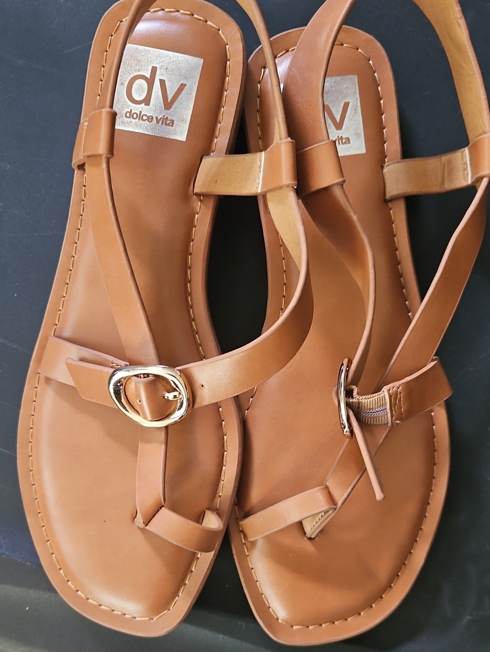 Dolce Vita Tan Leather Toe-Ring Sandals with Gold Buckle